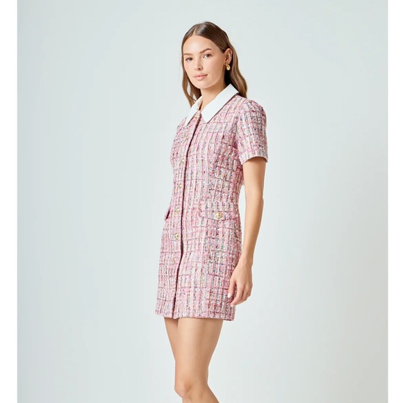 Endless Rose Pink Tweed Mini Dress with White Collar - Picture 6 of 10